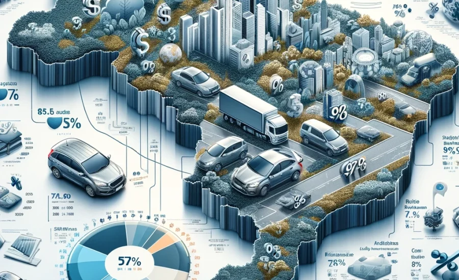 Infográfico detalhado mostrando o mapa do Brasil com diferentes estados e regiões, cada um indicando taxas variadas de seguro auto.